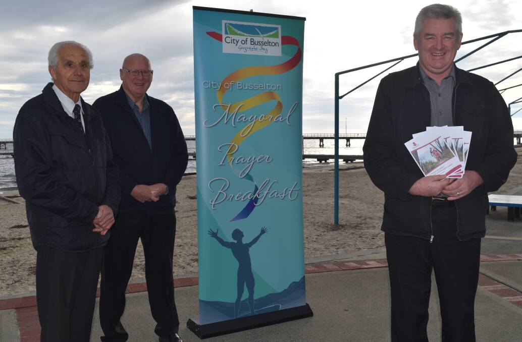Full Gospel Australia state director Dinko Miocevich with City of Busselton mayor Ian Stubbs and Fresh Start Recovery Programme representative and Dunsborough Church of Christ pastor Craig Roger. 