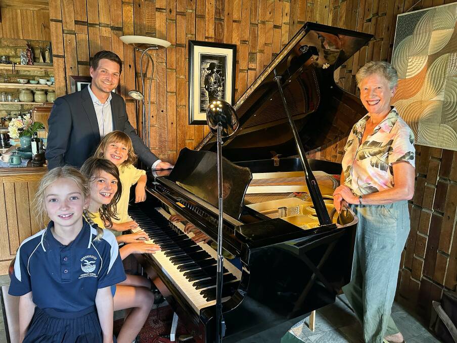 Piano students Kira Pietrzak, Charlie Olszewski, Quinn Hadley, educator Phil Watts and piano teacher Ros Happ are looking forward to being able to perform on a quality piano at Saltwater Busselton.