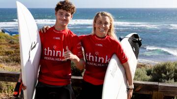 Yallingup's Otis North and Gracetown's Bronte Macaulay celebrate their wins at the 2024 Think Mental Health WA Trials, and their subsequent entry into the upcoming Margaret River Pro. Picture by Raeley Jones.