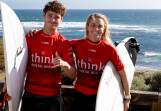 Yallingup's Otis North and Gracetown's Bronte Macaulay celebrate their wins at the 2024 Think Mental Health WA Trials, and their subsequent entry into the upcoming Margaret River Pro. Picture by Raeley Jones.