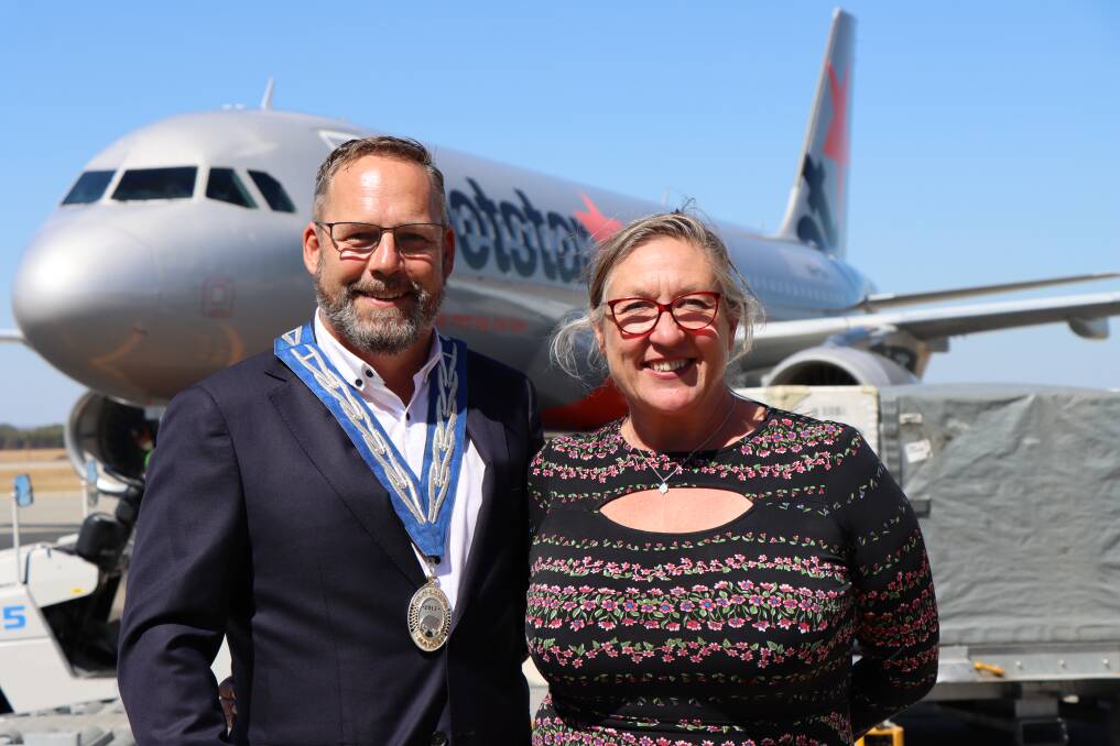 City of Busselton Mayor Phill Cronin and Warren-Blackwood MLA Jane Kelsbie at the Busselton Margaret River Regional Airport for the arrival of the first Jetstar Sydney flight. Picture supplied. 