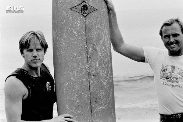 Ian Cairns (right) with film star Gary Busey who he doubled for in the surfing sequences of the Hollywood surf movie Big Wednesday.