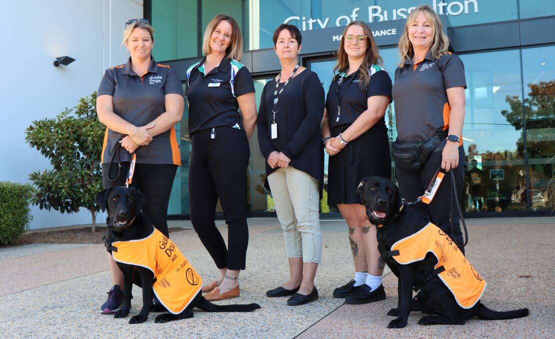 Guide Dog WA Trainers with City of Busselton staff and newly-boarded Guide Dogs, Louie and Thia. Picture supplied. 