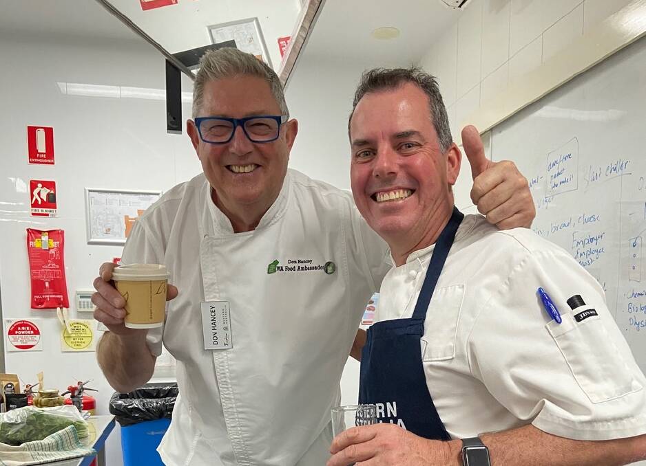 Hospo Heroes: WA Food Ambassador chef Don Hancey (left) with renowned Margaret River chef Tony Howell in Geraldton as part of the Job Connect program. Photo: Twitter/@donhancey