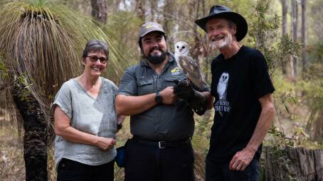 Filmmaker Sue Taylor with Eagles Heritage's Robert Kain, and Boyd Wykes from Owl Friendly Margaret River. Picture by Holly Winkle. 