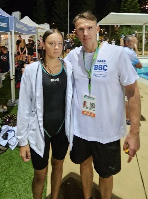 Brooklyn Rayne with Busselton Swimming Club coach Andrew Sexton. Pictures supplied. 