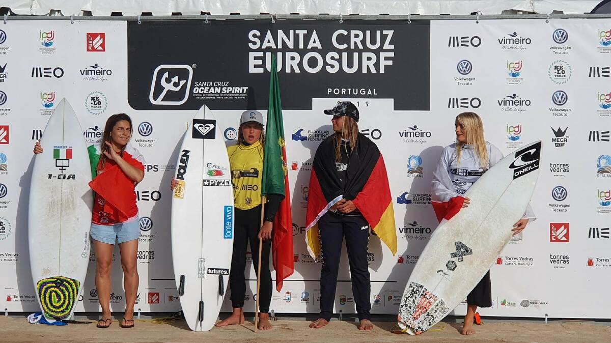 Victory: Claire Bevilacqua (left) on the winner's podium at Santa Cruz, Portugal. Photo: European Surfing Federation.