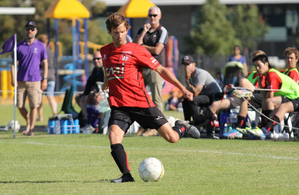 Best foot forward: Experienced Busselton City midfielder Mathis Wieler will be influential in the Pioneer Cup final to be played on Anzac day at Hay Park. The men's and women's finals will both be played, with matches starting at 12.30pm. Photo: Supplied.