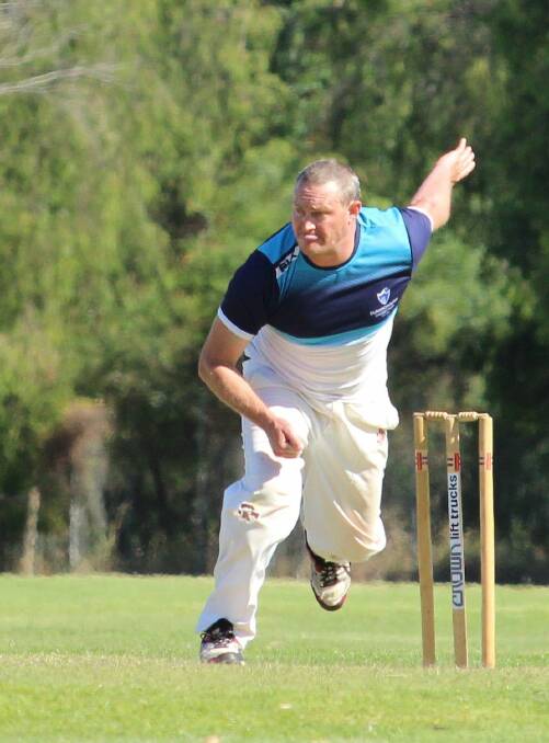 ALL CONCENTRATION: Dunsborough’s Nathan Whitney follows through in his delivery stride against Margaret River Hawks on Saturday. Photo: Vanessa Hatton.