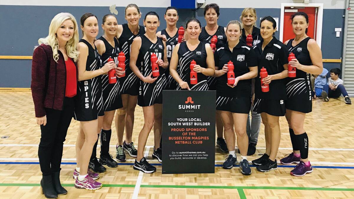 Busselton Magpies Masters: The team with Karen King from Summit Home Group. Photo: Supplied.