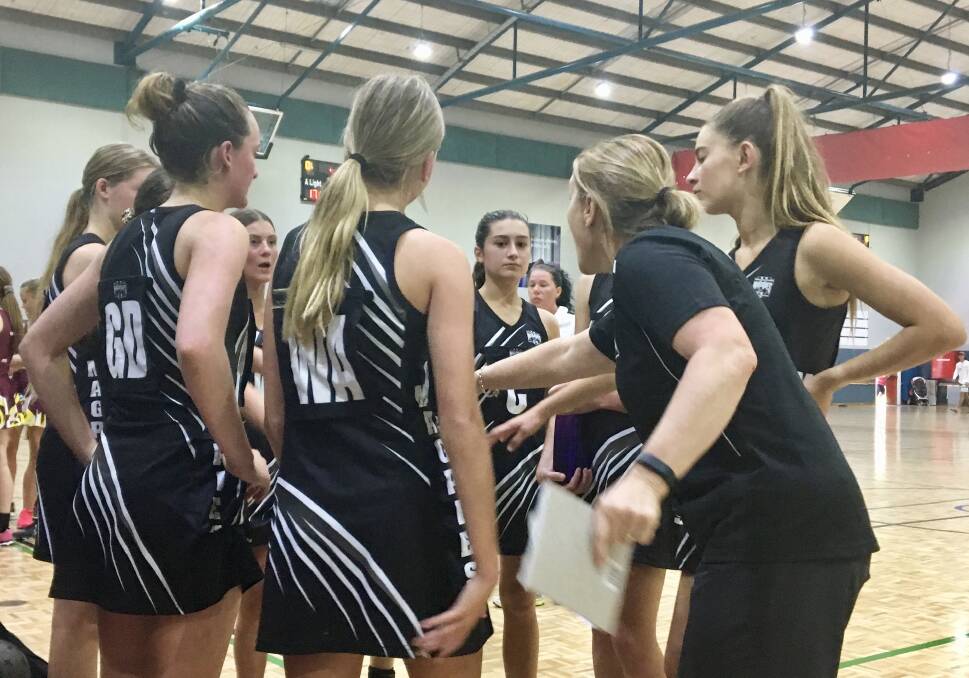 Magpies 16s: Coach Beth Stokes with players Dakota Nelmes, Ella Griffin, Emma Jackson, Arielle Hockey and Isabella Hewitt. Photo: Supplied. 