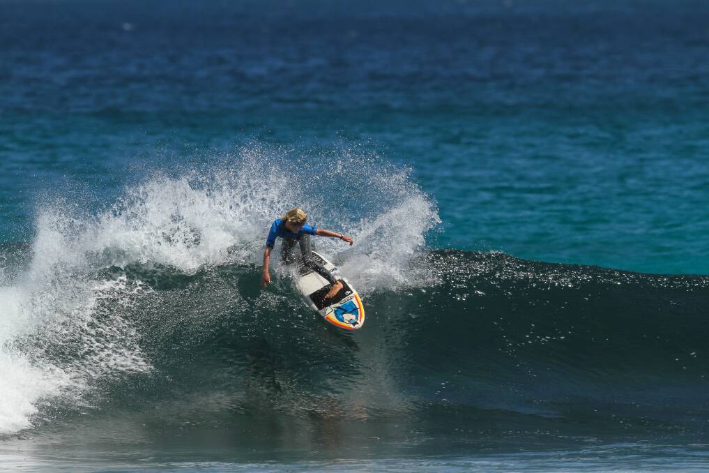 First win: Remy North from Dunsborough showing his skills in the 10 & Under division. Photo: Surfing WA.  