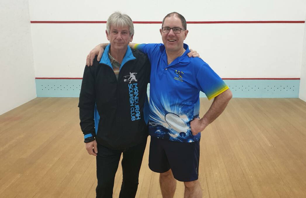 Masters: Men's 55-59 Division 2 winner Mark O'Malley from Mandurah with runner-up Brian Roby of the Busselton Squash Club. Photo: Supplied.