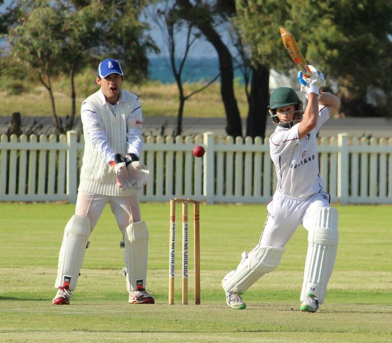 Looking for the boundary: Kyle Coates shows a good batting technique for Cowaramup in Saturday’s A-grade game at Barnard Park. St Marys wicketkeeper Jono Lloyd is ready for the catch. Photo: Vanessa Hatton.