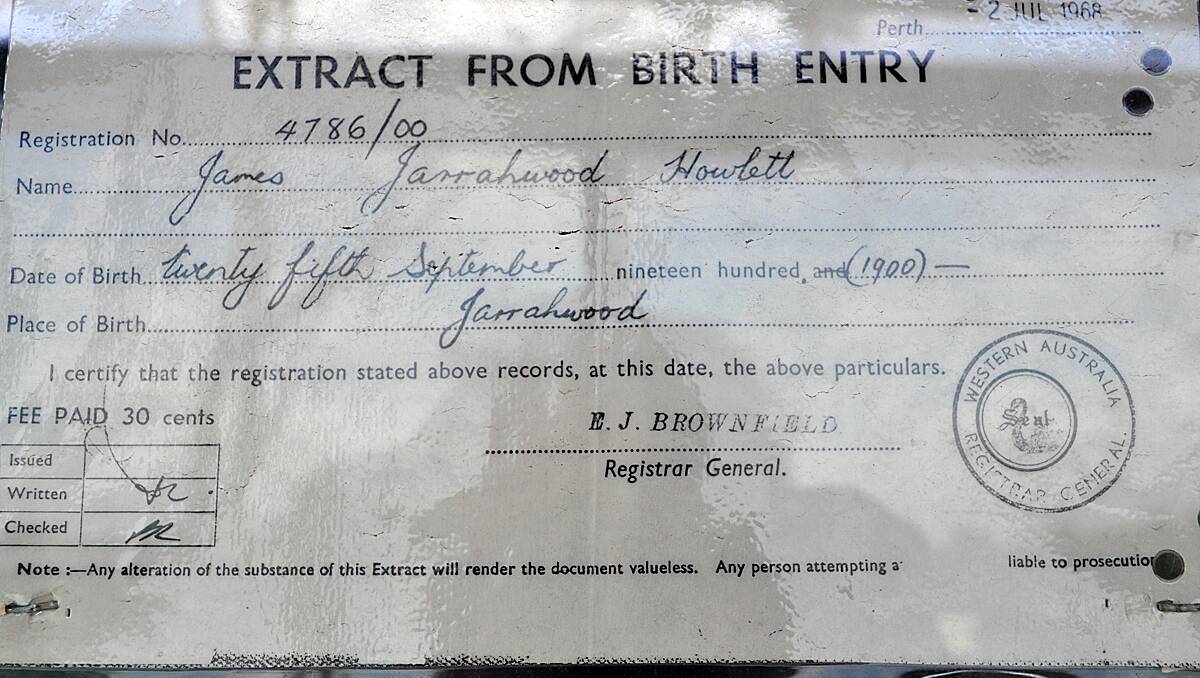 A birth extract from an early resident of Jarrahwood, who was given his middle name after the town. 