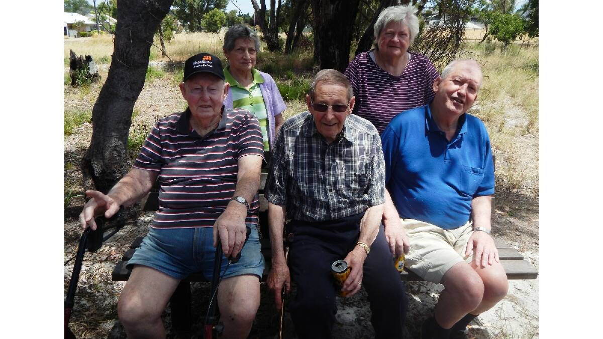 Enjoying lunch at the Colile Community Garden were Joe Ryan, Les Hann and Steve Wood (front) with Maxine Stocks and Lesley Cain (back). Photo: Collie Mail.