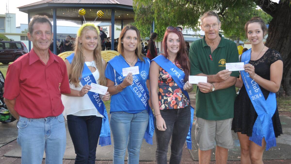 President of the Busselton Lions Club Dave McLean with 2014 Festival Queen entrants Chloe Singleton, Jade Craigie, Sophie Atkinson and Hollie Roberts with secondary President of the Lions Club Busselton Geoff Littlefare.